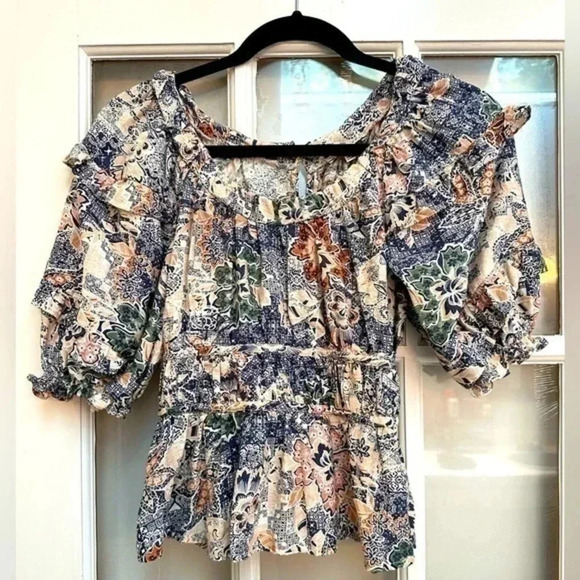 Anthropologie | Moon River | Puff Sleeve Ruffle Printed Babydoll Blouse Size XS - Picture 1 of 11